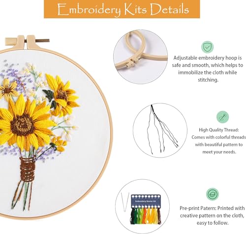 Image of GLTAYLMY 3 Sets Embroidery Starter Kit with Pattern and Instructions, Cross Stitch Set, Stamped Embroidery Kits with 3 Embroidery Clothes with Pattern, 1 Embroidery Hoop(Sunflower)