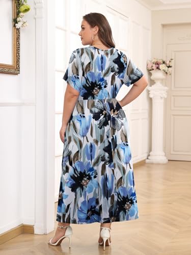 Image of BELAROI Womens Plus Size Maxi Dress Summer Wrap V Neck Flowy Long Sundress Beach Dresses with Pockets