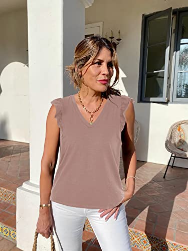 Ofenbuy Womens Casual V Neck Tank Tops Frilled Ruffles Sleeveless Loose Solid Summer Tee Shirts Pink #TOP4
