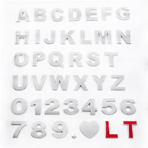 srasakan 車用 立体 エンブレム ステッカー 装飾 ドレスアップ 外装 パーツ アルファベット レター 大文字 数字 ナンバー レッド T L 心 ステッカー （シルバー, 40個入り）