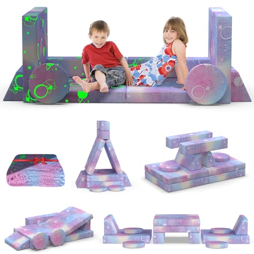 BIERUM Kids Couch, 12PCS Modular Kids Play Sofa with Blanket, Play Couch with Glow Effects for Playroom & Indoor, Convertible Toddler Couch for Girls and Boys