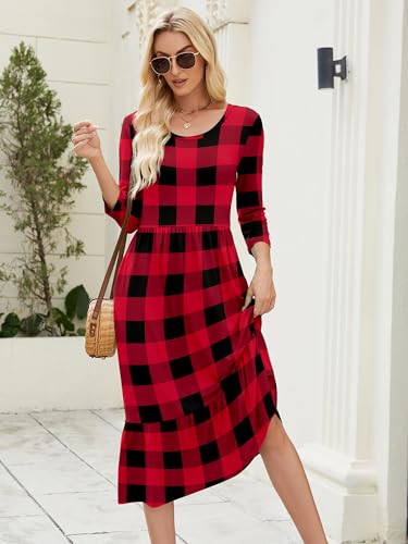Image of Heymoments Women's Casual 3 /4 Sleeve Midi Dress Crewneck A Line Tiered Flowy Loose Travel Long Dresses with Pockets
