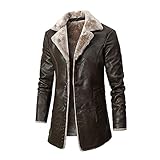 SKYWPOJU Herren Lederjacke Biker Jacke Lange Vintage Ledermantel mit Fell-Imitat Jacke Mantel Herren Mantel mit Kunstpelz Mantel Fleecejacke PU Winddichte Herrenjacke (Color : Brown, Size : M)