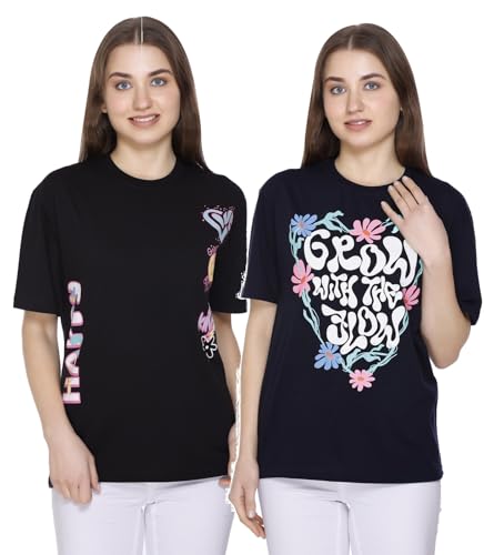 Image of Women Printed Drop-Shoulder Sleeves Oversized Pure Cotton T-Shirt (Combo of 2) |XS-XL Size