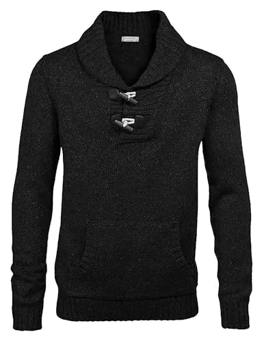 COOFANDY Men's Shawl Collar Pullover Sweater Relaxed Fit Casual Cotton Cable Knit Sweaters with Pockets Black