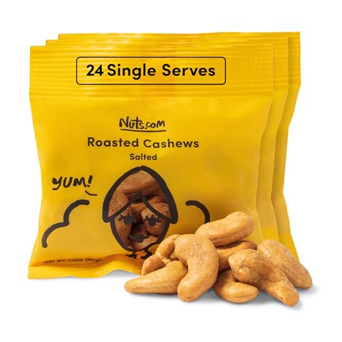 Nuts.com – Roasted Cashews (Salted Single Serve) — Creamy & Savory Flavor, Healthy Snack for Adults & Kids, Good Source of Protein, Fiber, Calcium, Iron & Healthy Fats – Vegan & Gluten-Free – 24 Pack