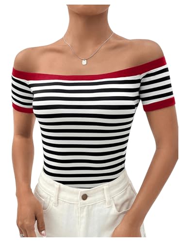 Verdusa Striped Off The Shoulder Tops for Women Short Sleeve Fitted Shirt Sexy Tees