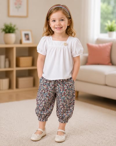 Image of Bold N Elegant Girls Floral Print Balloon Sleeve T-Shirt Top and Capri Shorts Summer Clothing Set for Infant Toddler Baby Girls