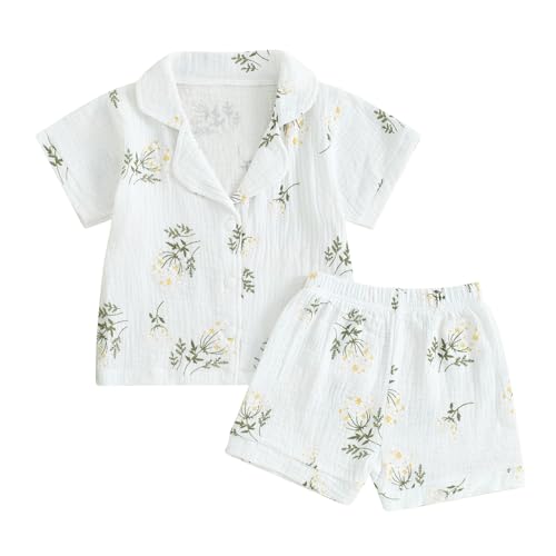 fyclemt Toddler Baby Girl Easter Day Pajamas Set Plaid Bunny Short Sleeve Button Shirts Ruffled Shorts Kids Sleepwear Pjs Set