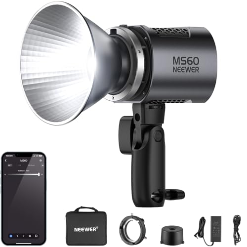 NEEWER MS60 LED Video Light with 2.4G/APP Control, 65W 5600K Daylight Mini COB Continuous Output Lighting, 40000lux/1m, CRI 97+/TLCI 98+, 9 Scenes, 0-100% PWM Dimming, Bowens Mount Adapter