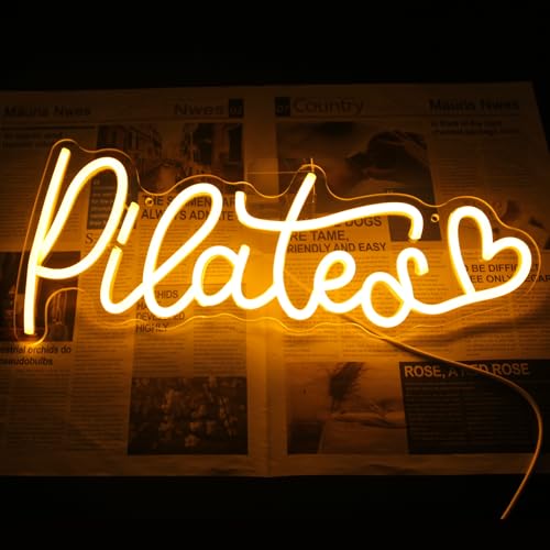 Image of Pilates Neon Sign Yoga LED Neon Lights for Bedroom Gym Yoga Studio Decor | Orange Letter with Love LED Sign, Dimmable Acrylic Neon Wall Sign, Motivational Wall Art, Pilates Pavilion Decor, USB Powered