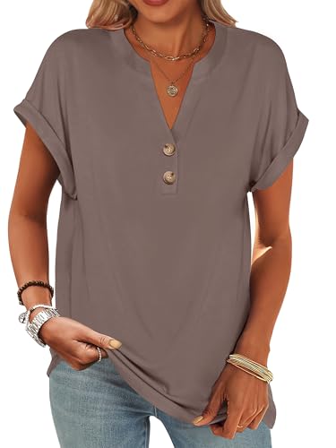 Image of ANRABESS Womens Short Sleeve Henley Tops V Neck Dressy Casual Blouses Summer Trendy Tee Shirts 2026 Vacation Fashion Clothes