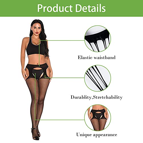 Image of Women's High Waist Fishnet Tights Suspenders Pantyhose Thigh High Stockings Black