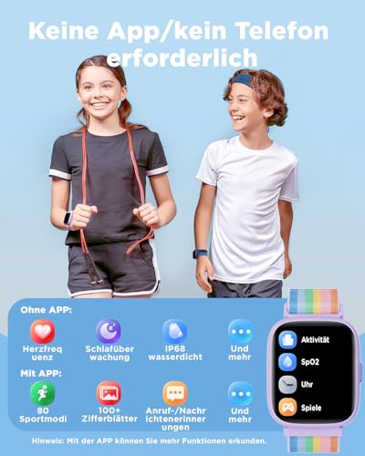 BIGGERFIVE Smartwatch Kinder, 1,8 Fitness Uhr Schrittzähler, 24/7 Puls, IP68 Wasserdicht, Schlafmonitor, Wecker, 5 Puzzlespiele mit/ohne App, Fitness Tracker für Mädchen Teens 5–16, Nylon