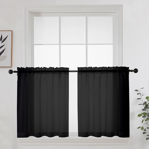 Image of OWENIE Short Sheer Curtains 24 Inches Long 2 Panels for Bathroom Window, Rod Pocket Light Filtering Sheer Tier Curtains for Small Kitchen Laundry Room, RV, Camper Travel Trailers, 42 W x 24 L, Black