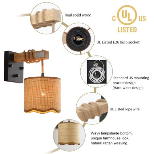 Image of Rattan Wall Sconce with Hemp Rope Wood arm for Boho Farmhouse Bedroom | Wood arm & woven shade. Single pack,On /Off Dimmable Switch fast install, fits farmhouse boho decore,1*E12 bulb sockets