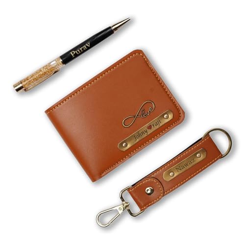 Image of Customised Leather Original Wallet with Pen, Keychain Gifting Hamper Set for Men with Name Plate, Personalized Purse Combo, Unique Stylish Gift for Husband, Birthday, Valentine's Day- Tan
