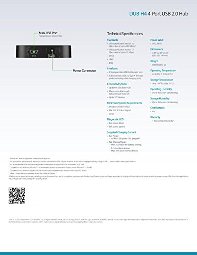 D-Link 4-Port USB 2.0 Hub including 4 Fast Charging Ports, mini USB 2.0 Port and 5V/2.5A Power Adapter (DUB-H4)
