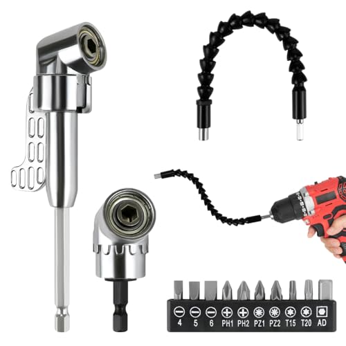 Doksvp 13 Piezas Adaptador de Destornillador Angular Kit,105 °Adaptador Atornillador Flexible, 1/4 de Pulgada Broca de Ángulo Recto, Eje Flexible Destornillador, para Accesorios Destornilladores