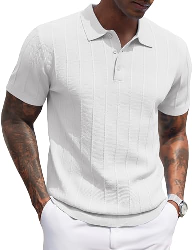 COOFANDY Hombre Polo Manga Corta Tejido Verano Vacaciones Casual Botones Elástico Ajuste Regular Diseñador Blanco S