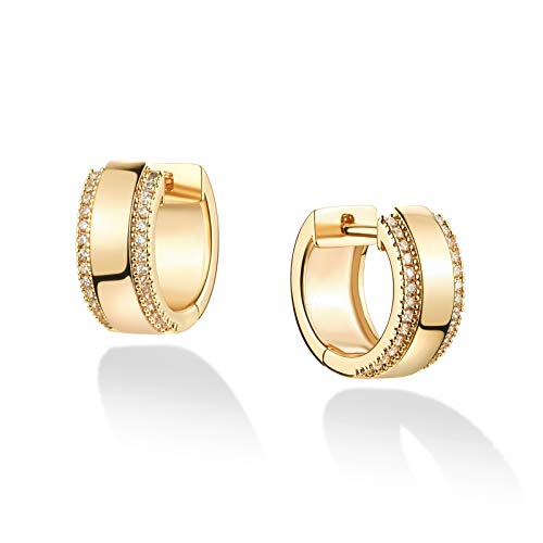 Chunky Hoop Earrings for Women 14K Gold Plated Double Row Cubic Zirconia Stunning Huggie Earring Stud Jewerly Gift