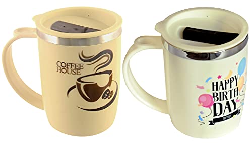 Image of Kuber Industries Insulated BPA Free Plastic Coffee Mug with Lid Pack of 2 (Cream & Coffee)