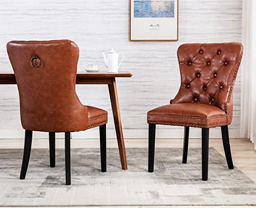 PU Leather Dining Chairs Set of 2 Mid Century Modern Tufted Chairs Armless Rubber Wood Vintage Chairs Upholstered Nailhead Side Chairs for KitchenCafe Decor Furniture Brown with Pull Ring