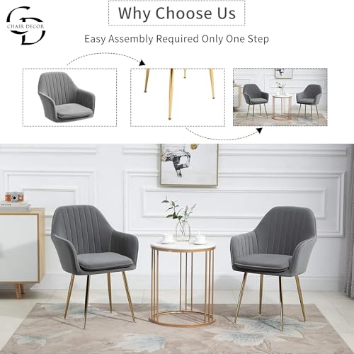 Image of Velvet Accent Chair with Matching Pouffe & Floral Cushion | Modern Upholstered Armchair with Gold Metal Legs | Lounge Chair for Living Room, Bedroom, Office, Guest Room (Light Grey)