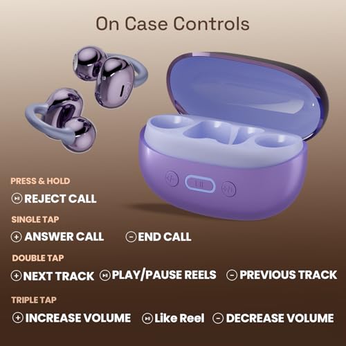 Image of ACwO DwOTS Flow 2 Open-Ear OWS Earbuds with Smart Case Control, Clip On Design with Ear Hooks, AI-ENC Mic, Up to 60 Hours Playtime, Dual Connectivity, IPX5 Sweat Resistance, Wireless Earbuds (Purple)