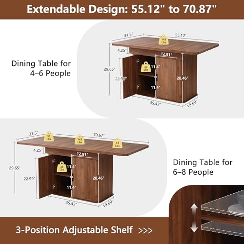 Image of weselon 55 inch-71 inch Extendable Dining Table with Storage, Expandable Kitchen Table for 4-6, Space Saving Dining Room Table with Hidden Storage Cabinet, Adjustable Shelves & Fluted Base (Walnut)