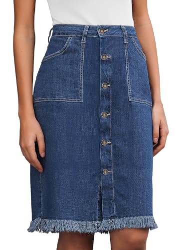 Vetinee Jean Skirts for Women Button Down Distressed Raw Hem Casual Summer Stretchy Knee Length Denim Skirt with Pockets