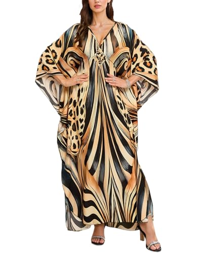 Image of IMAGEKOPE Women's Plus Size Animal Print V-Neck Batwing Kaftan Beach Dress Bathing Suit Cover-Up Loungewear