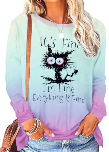 MNLYBABY It's Fine I'm Fine Everything Is Fine Sweatshirt Women Cute Black Cat Tee Tie Dye Cat lover Long Sleeve Top