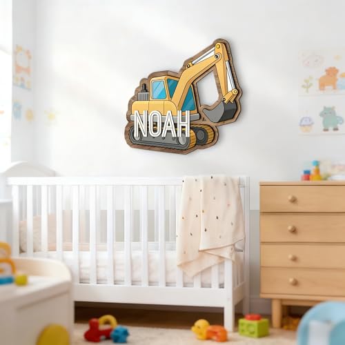 Personalized Excavator Name Sign for Kids Room, Custom Wooden Construction
