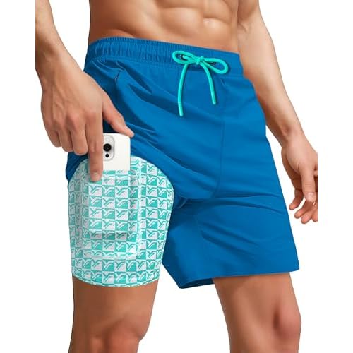 7 Inch Men Swim Trunks with Compression Liner Quick Dry Drawstring Male Swimtrunks for Beach Summer Water Park Small Beige Khaki