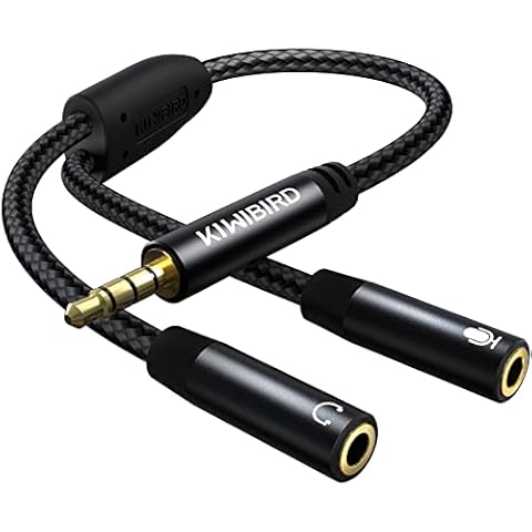 KiwiBird Headphone Microphone Splitter Adapter, 3.5mm 4 Pole TRRS Male to 2 Female 3.5mm TRS Audio Jack Cable Compatible with PS5 PS4 Xbox One PC Laptop MacBook Gaming Headset Earphone External Mic Cover
