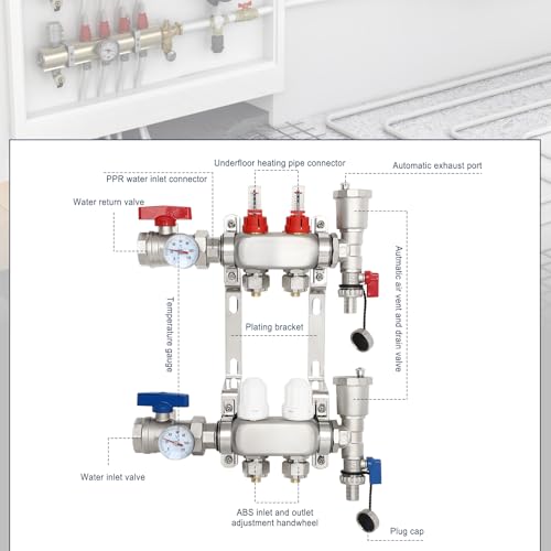 Image of Dollate 2 Branch Pex Manifold 1 /2 inch Adapters Stainless Steel Radiant Floor Heating Manifold Kit Hydronic Manifold