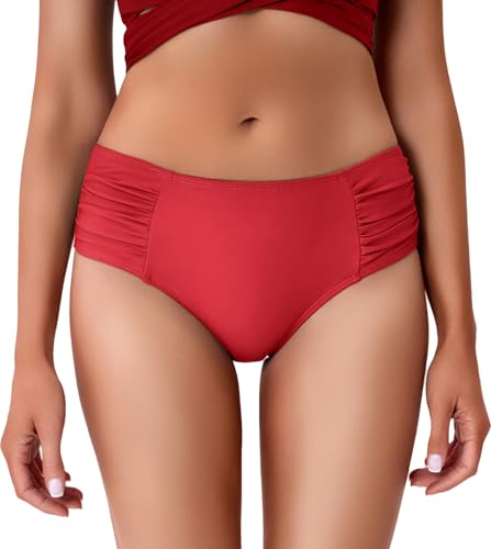 Image of COCOPEAR Full Coverage Bikini Bottoms for Women Mid Rise Bathing Suit Bottoms for Women Ruched Tummy Control Swim Bottoms