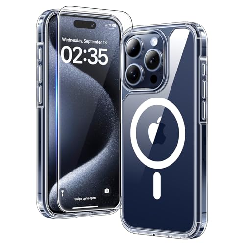 TAURI für iPhone 15 Pro Max Hülle 6 7 mit Panzer Schutz Glas Folie Kompatibel mit MagSafe Schutz nach Militärstandard [Anti-Vergilbung] Stoßfest Magnetisch Handyhülle - Durchsichtig