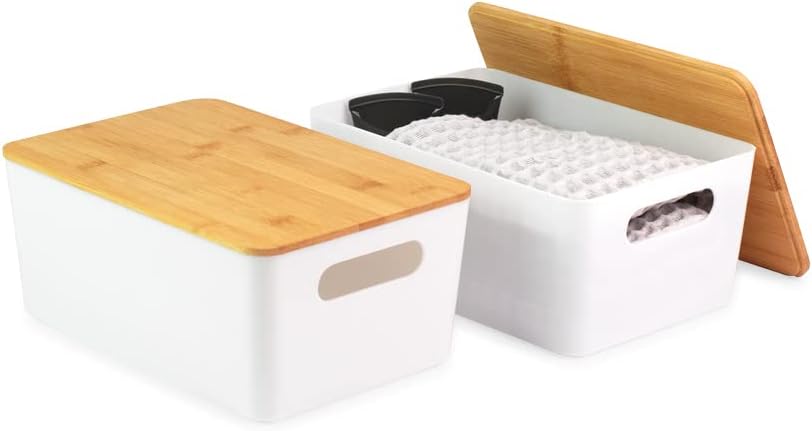 Isaac Jacobs 2-Pack XL White Storage Bin Set w/Cut-Out Handles and Bamboo Lid, Plastic Organizers for Home, Pantry, Kitchen, Closet, Office, Home Décor, BPA Free, Food Safe (Extra-Large, White)