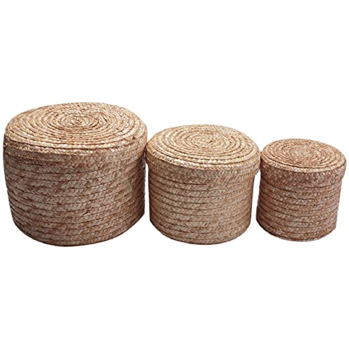 EUKKIC 3 Piezas/Set Cesta de Almacenamiento Tela Paja Hecho A Mano Tapa Organizador Caja Cestas Ropa Cesta de Almacenamiento de Rattan