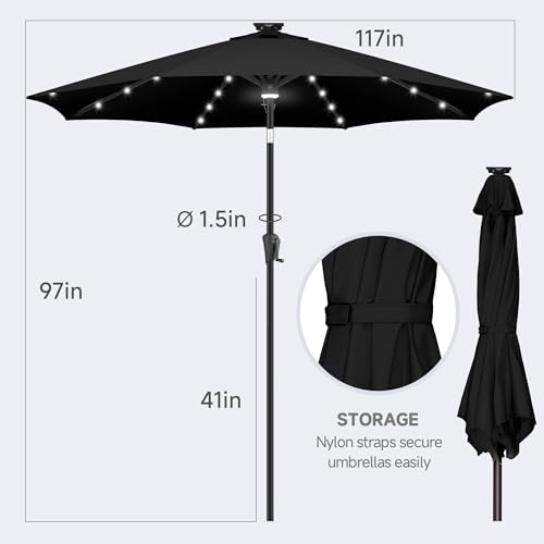 FLAME&SHADE 10 ft Solar Powered Outdoor Market Patio Table Umbrella with LED Lights and Tilt, Black - Thumbnail 3