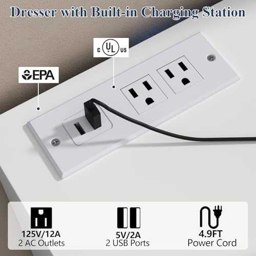 Image of Loomie 12-Cell Divided Drawers White Dresser with Charging Station & Led Lights for Bedroom, Long 63 inch Wide Dresser TV Stand for TVs up to 75 inch, Large Dressers Organizer with 4 Open Cubbies