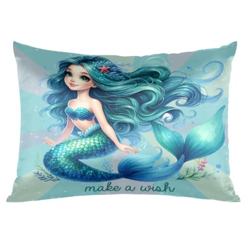 Turquoise Mermaid Cute Girl Satin Pillowcase for Hair and Skin Standard Size Silp Silk Pillowcase Soft Satin Cooling Pillow Covers with Envelope Closure for Bed Sofa Decorative (20 × 26in 1 pcs)