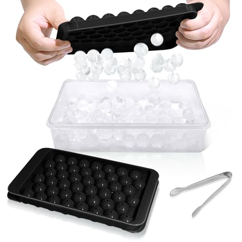 Image of WIBIMEN Ice Cube Tray with Lid and Bin, 0.8 inch Round Ice Trays for Freezer | 2 Black Ice Cube Trays with Ice Box & Tong, 0.8 inch Round Ice Balls for Iced Coffee & Juice, Easy Twist Release, For Gatherings