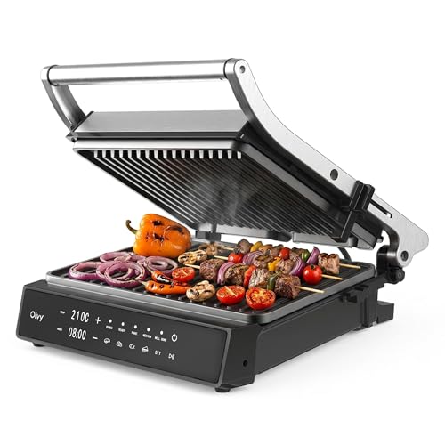 Olvy Grill de Contact 2000W Écran Tactile Sans PFAS 5 Programmes Automatiques Ouverture 180°...