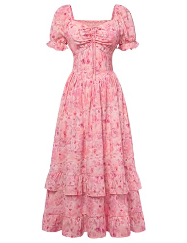 Scarlet Darkness Women Floral Cottagecore Dress Puff Sleeve Maxi Ruffled Corset Dress Pink Floral XL