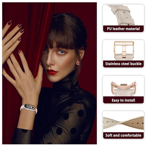 KoGiio Strap Compatible With Xiaomi Smart Band 9/8, PU Leather Adjustable Watch Band, Soft Replacement Bracelet in Off White - Image 2