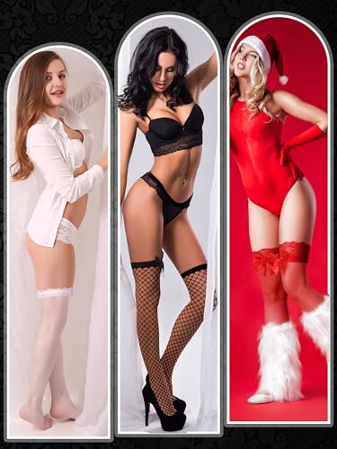 Image of Fourluoo 10 Pairs Silk Fishnet Thigh High Stockings Women Lace Top Sheer over Knee Stocking for Halloween