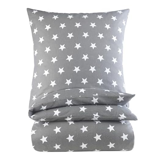 BaSaTex Feinbiber Winter Bettwäsche warme und kuschelige Bettgarnitur und Kissenbezug 135x200 + 80x80 cm | 100% Baumwolle | Sterne - Grau